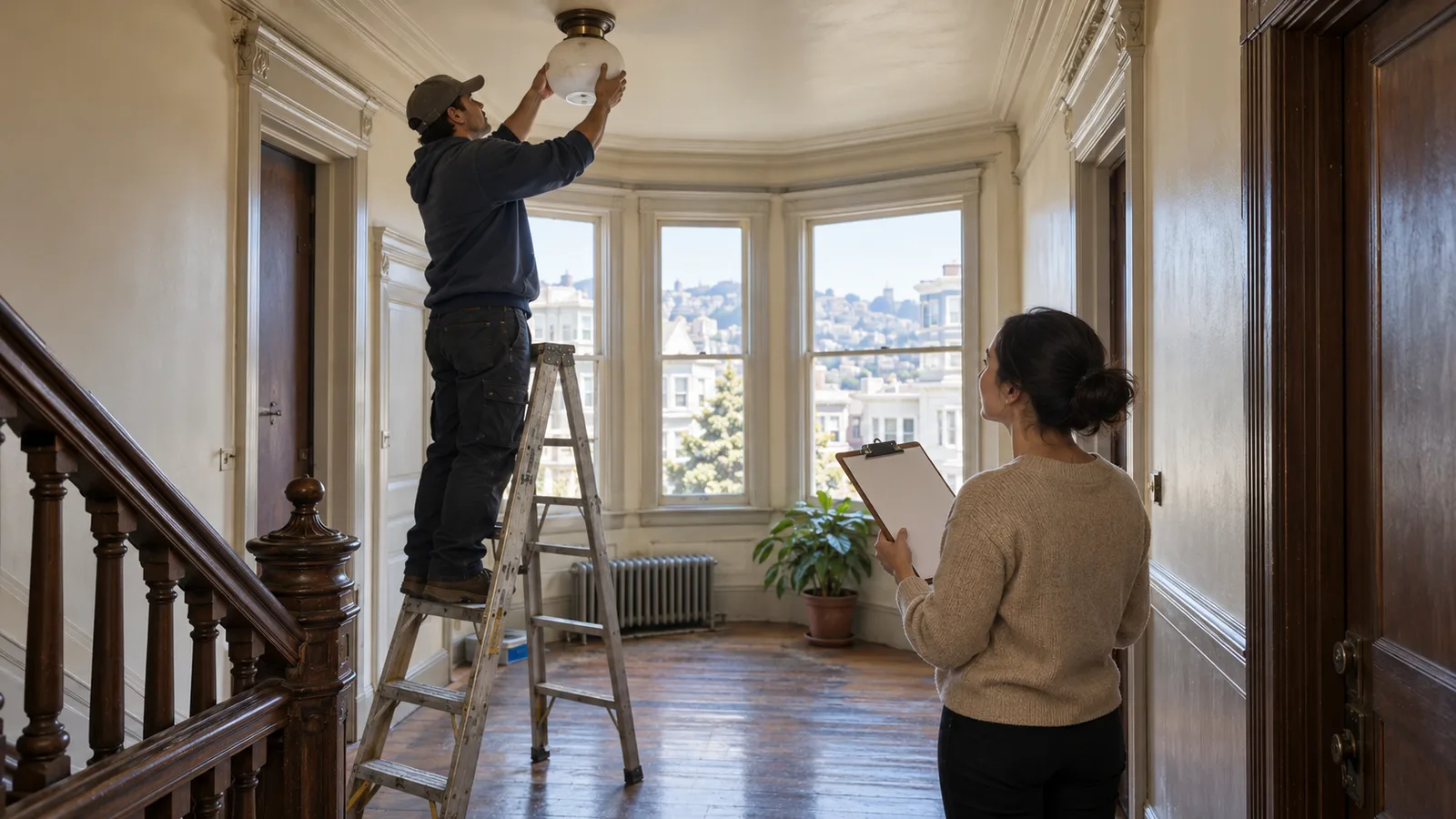 A property manager and a maintenance technician walking a residential building hallway and checking a unit list on a clipboard