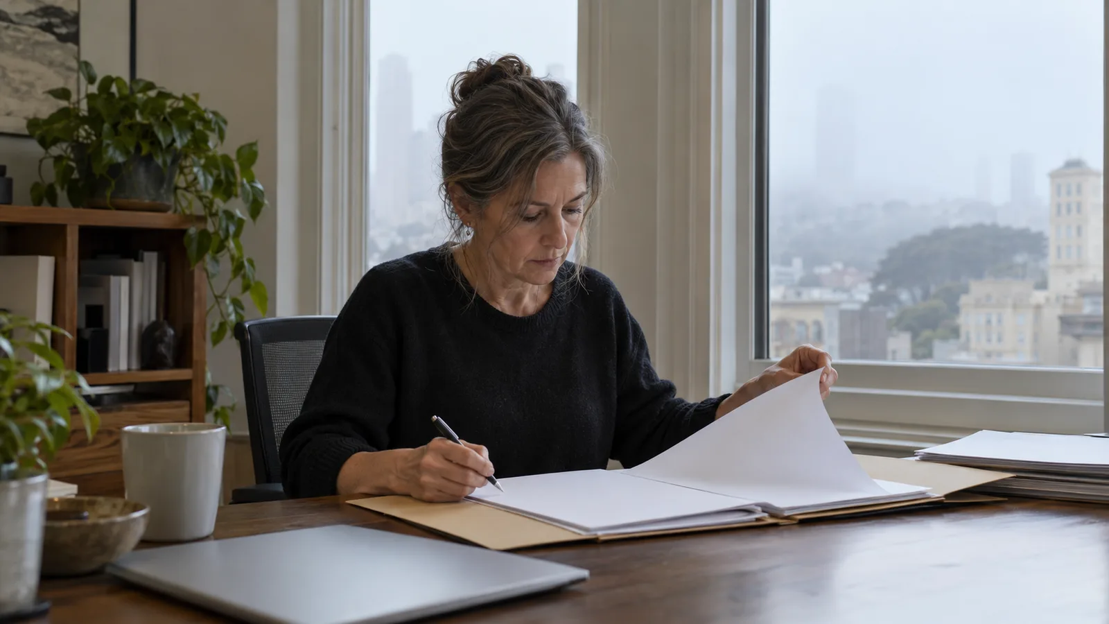 Two business owners reviewing printed financial statements at a small office table near a window, laptop open between them